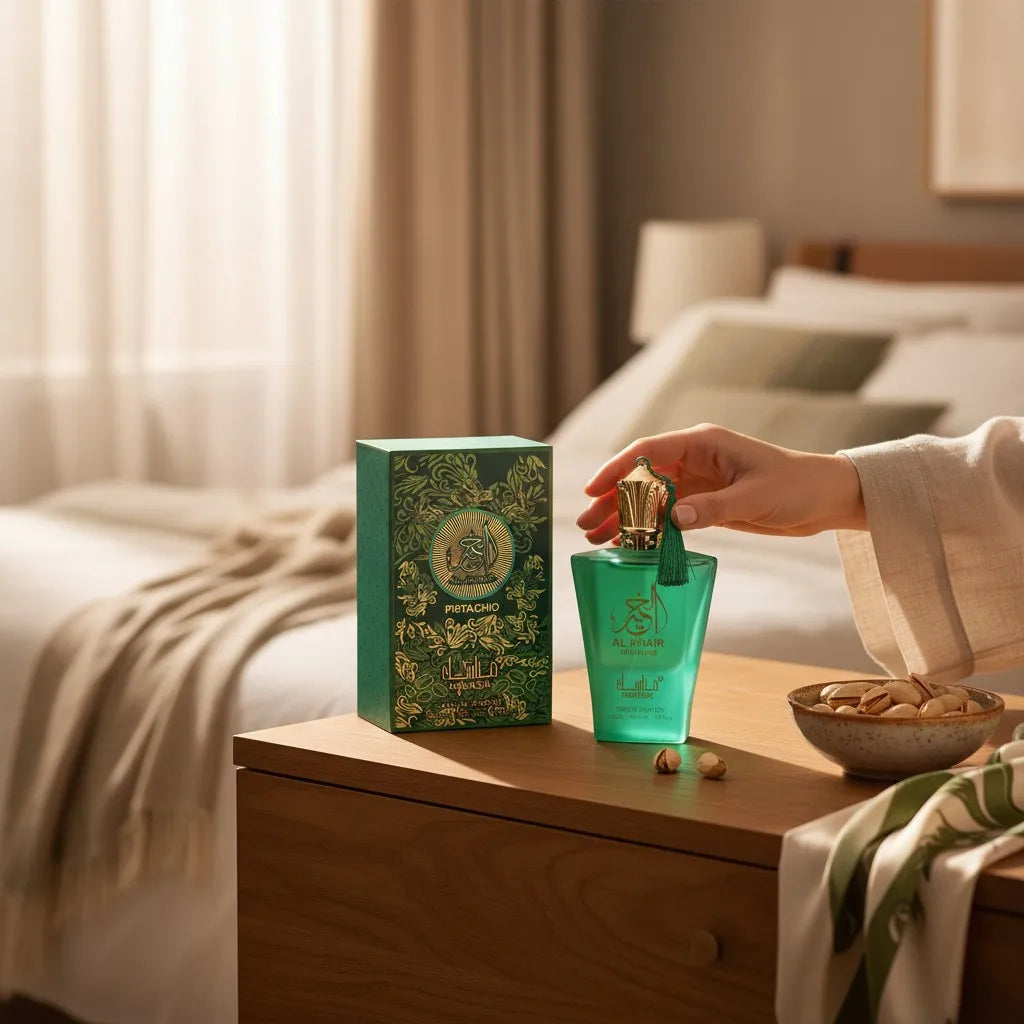 Perfume Al Baraka Pistachio 100 ml - Manasik. Oriental gourmand fragrance with sweet and creamy notes of pistachio, woody nuances, and a warm base.
