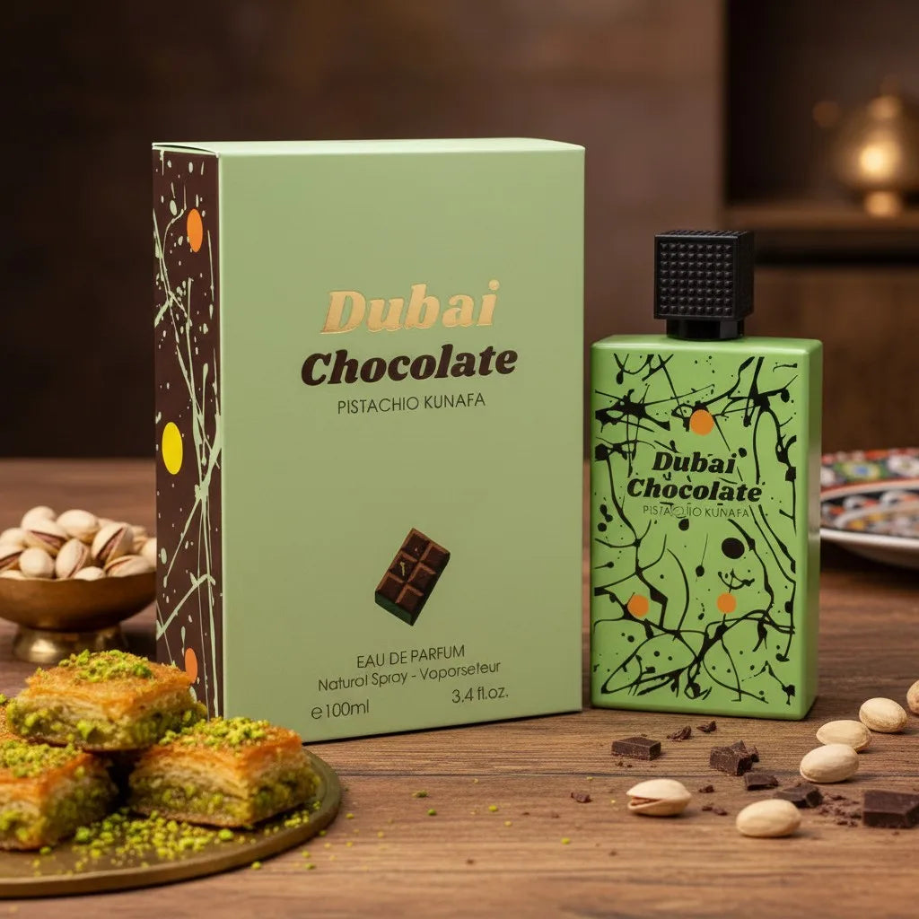 Dubai Chocolate Pistachio Kunafa Eau de Parfum 100 ml - Fragrance Couture. Gourmand fragrance with notes of chocolate, pistachio, and kunafa, combined with a sweet, creamy, and enveloping base.