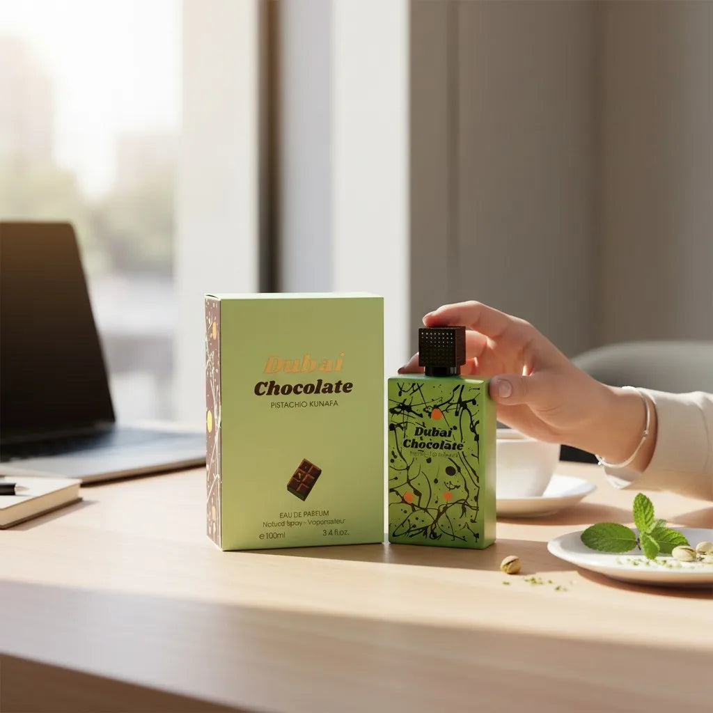 Dubai Chocolate Pistachio Kunafa Eau de Parfum 100 ml - Fragrance Couture. Gourmand fragrance with notes of chocolate, pistachio, and kunafa, combined with a sweet, creamy, and enveloping base.