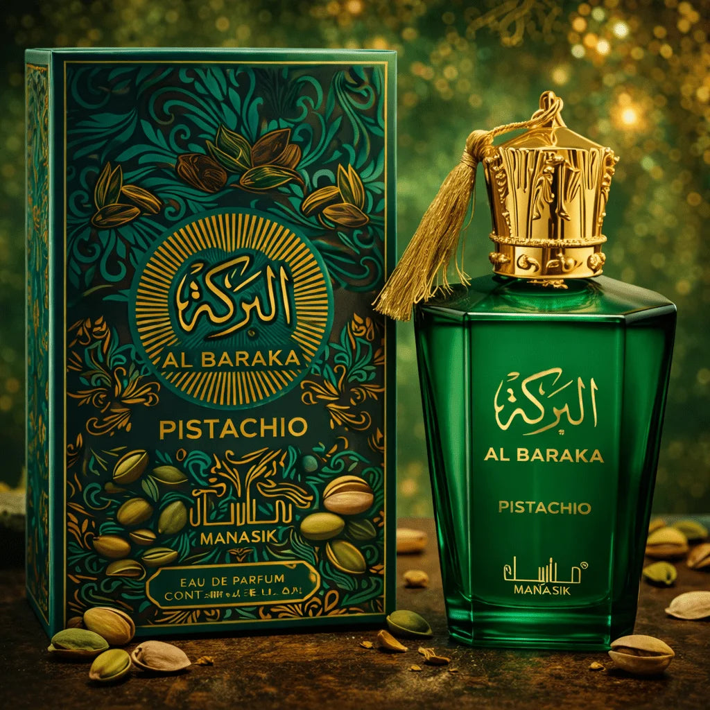 Perfume Al Baraka Pistachio 100 ml - Manasik. Oriental gourmand fragrance with sweet and creamy notes of pistachio, woody nuances, and a warm base.