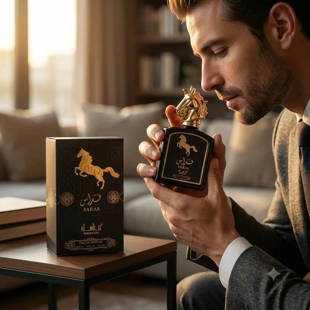 Faras Perfume 100 ml - Manasik. Majestic oriental woody fragrance with lively citrus notes, a patchouli heart, and spicy nuances of coumarin and vanilla.