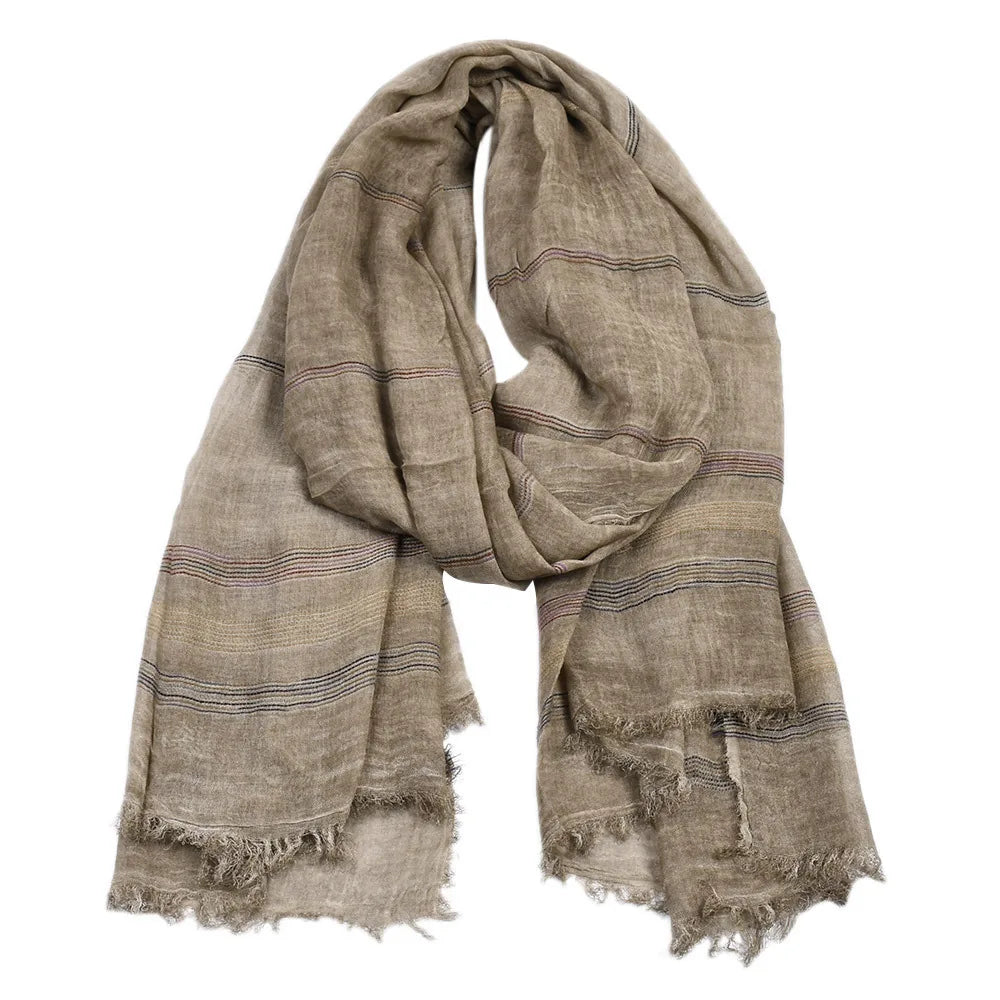 Men's Striped Long Scarf – Cotton-Linen Blend Shawl with Tassel Fringe