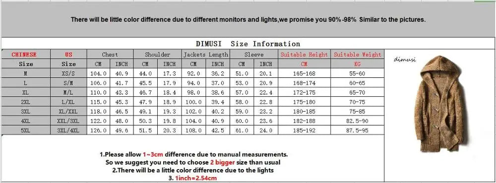 DIMUSI Men's Hooded Knit Cardigan – Long Slim-Fit Sweater Jacket for Winter