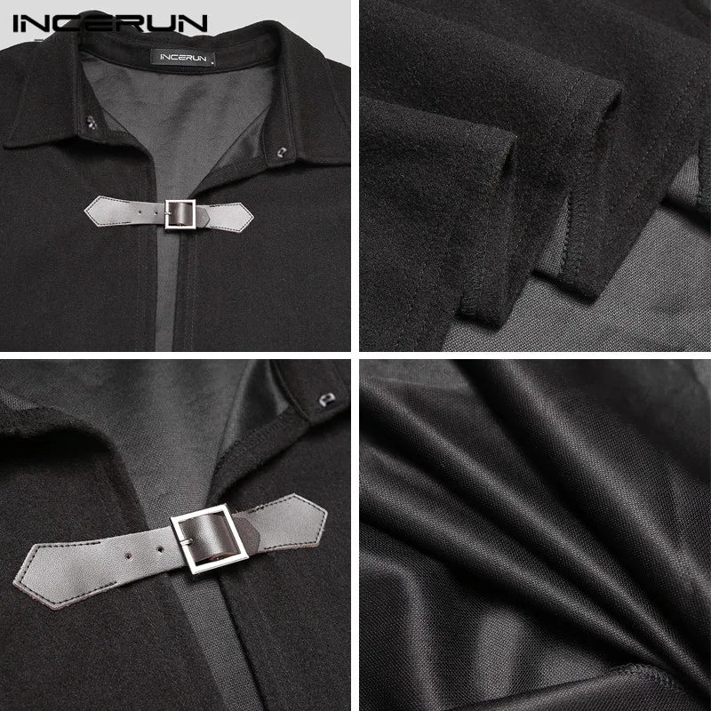 INCERUN Men's One-Button Cloak Coat – Solid Color Lapel Cape Overcoat, Modern Streetwear Style
