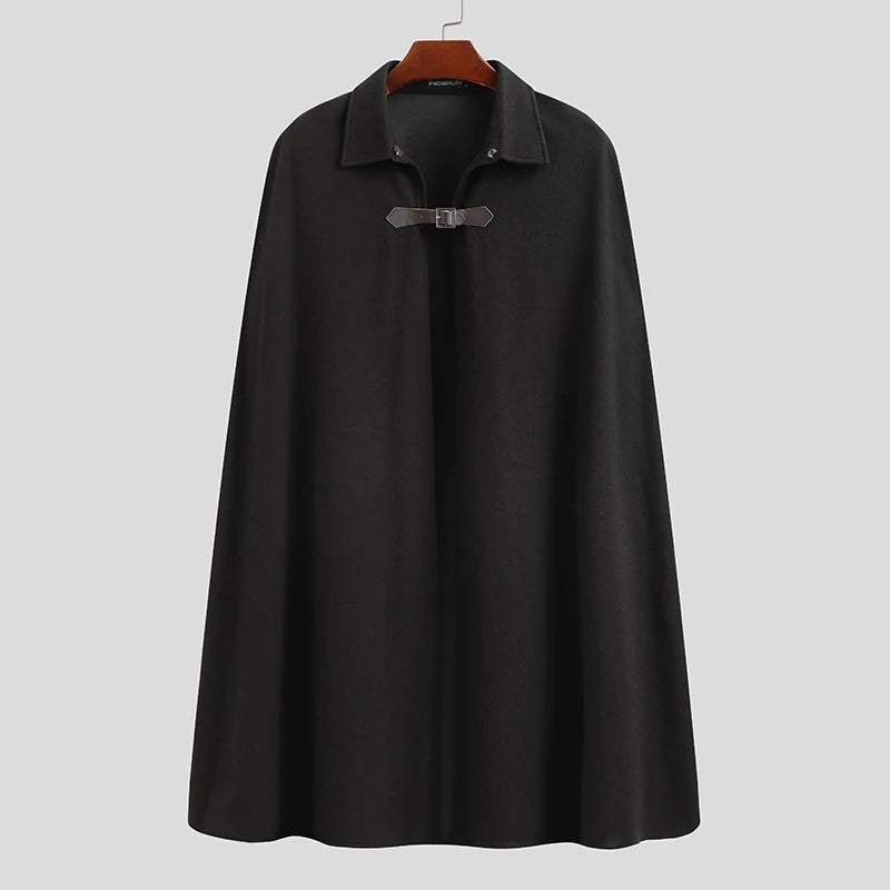 INCERUN Men's One-Button Cloak Coat – Solid Color Lapel Cape Overcoat, Modern Streetwear Style