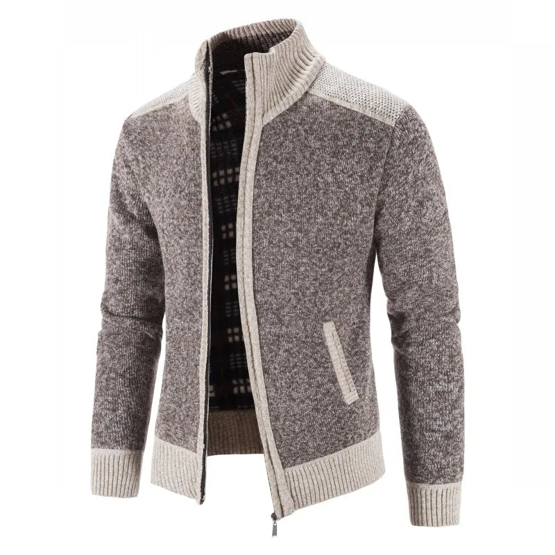 Men's Patchwork Knit Cardigan Jacket – Thick Warm Slim-Fit Sweater Coat with Stand Collar