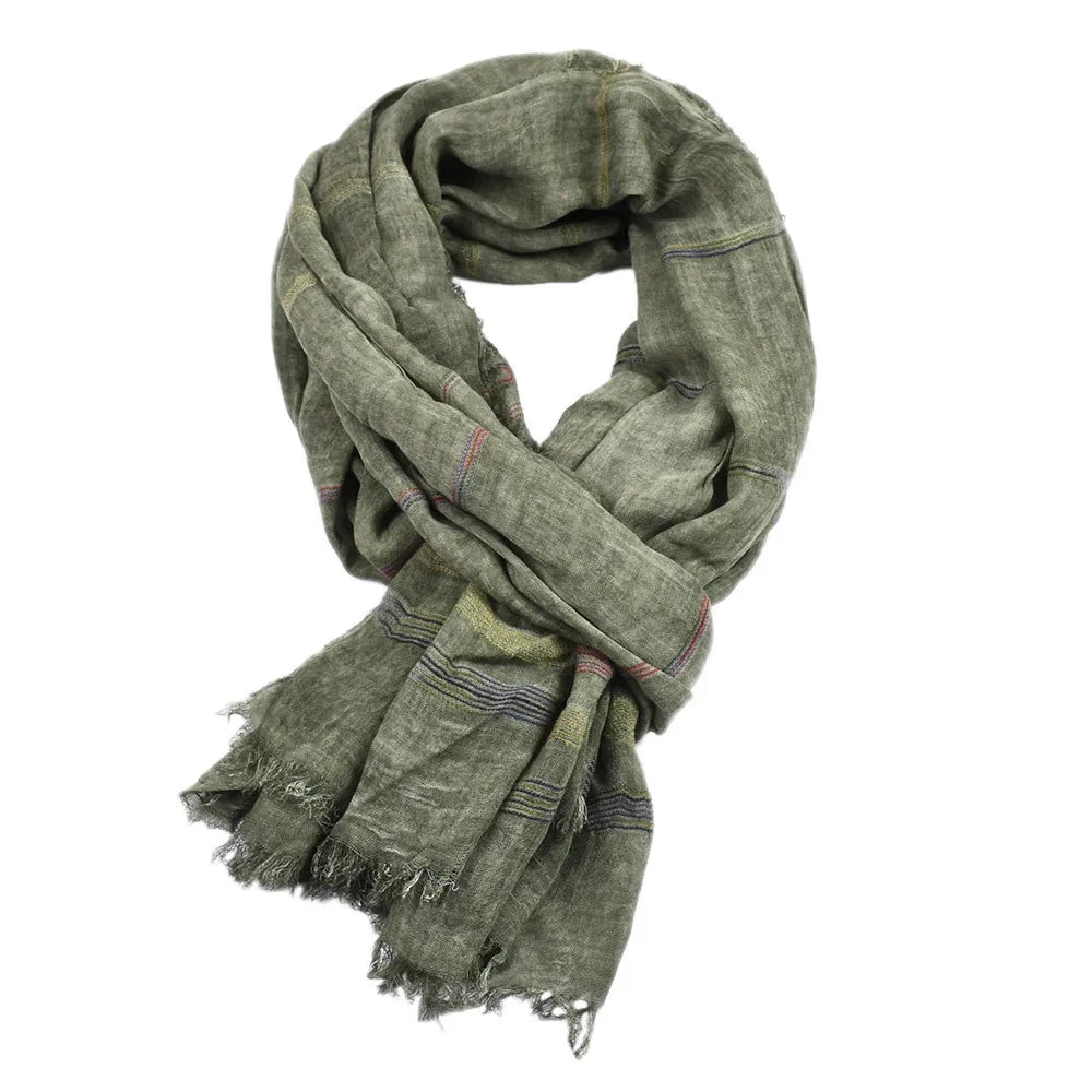 Men's Striped Long Scarf – Cotton-Linen Blend Shawl with Tassel Fringe