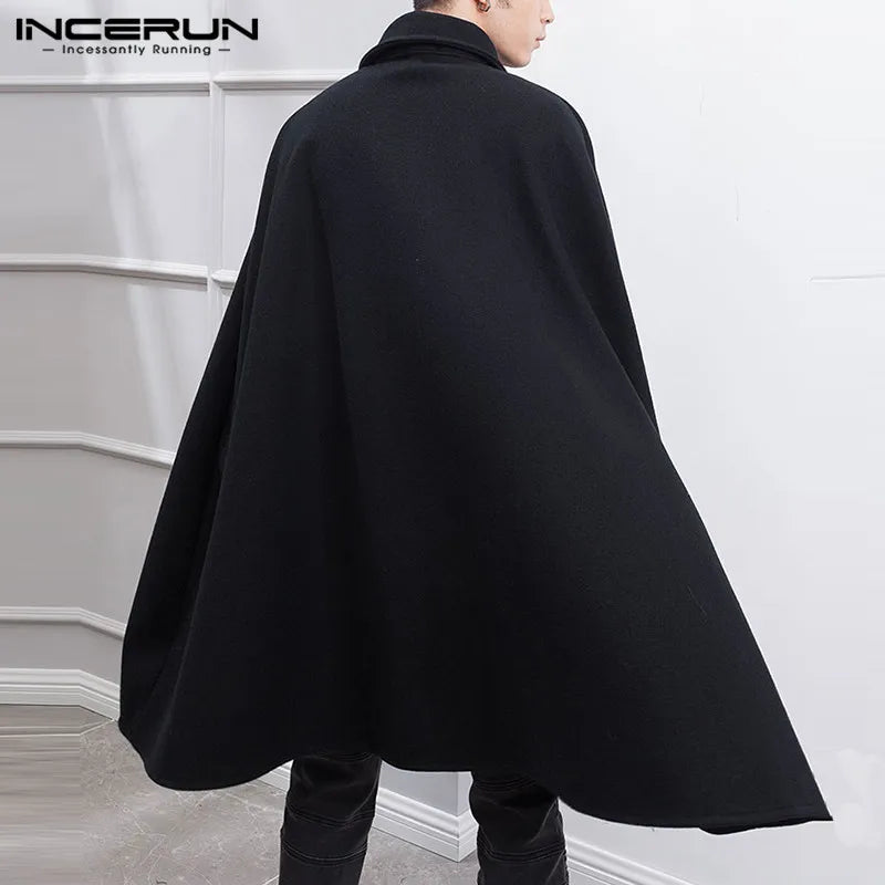 INCERUN Men's One-Button Cloak Coat – Solid Color Lapel Cape Overcoat, Modern Streetwear Style