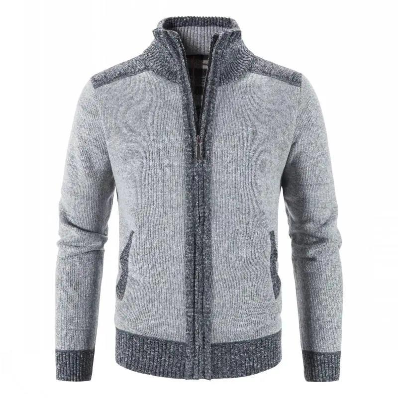 Men's Patchwork Knit Cardigan Jacket – Thick Warm Slim-Fit Sweater Coat with Stand Collar