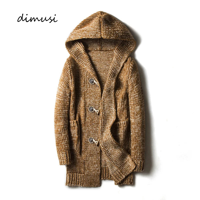 DIMUSI Men's Hooded Knit Cardigan – Long Slim-Fit Sweater Jacket for Winter