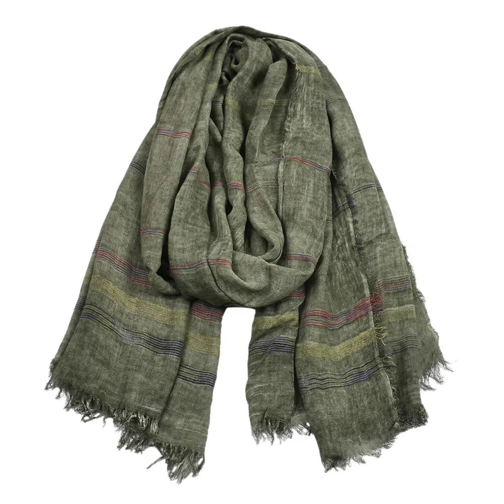 Men's Striped Long Scarf – Cotton-Linen Blend Shawl with Tassel Fringe