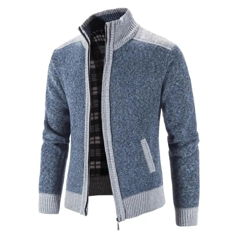 Men's Patchwork Knit Cardigan Jacket – Thick Warm Slim-Fit Sweater Coat with Stand Collar