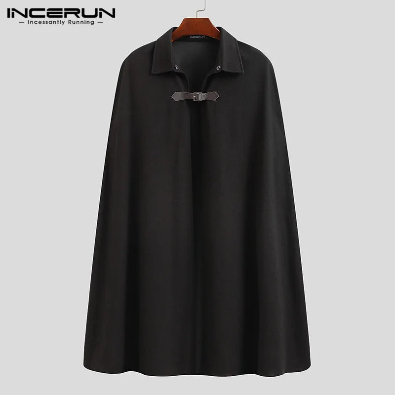 INCERUN Men's One-Button Cloak Coat – Solid Color Lapel Cape Overcoat, Modern Streetwear Style