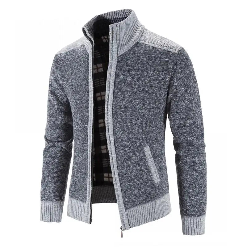Men's Patchwork Knit Cardigan Jacket – Thick Warm Slim-Fit Sweater Coat with Stand Collar