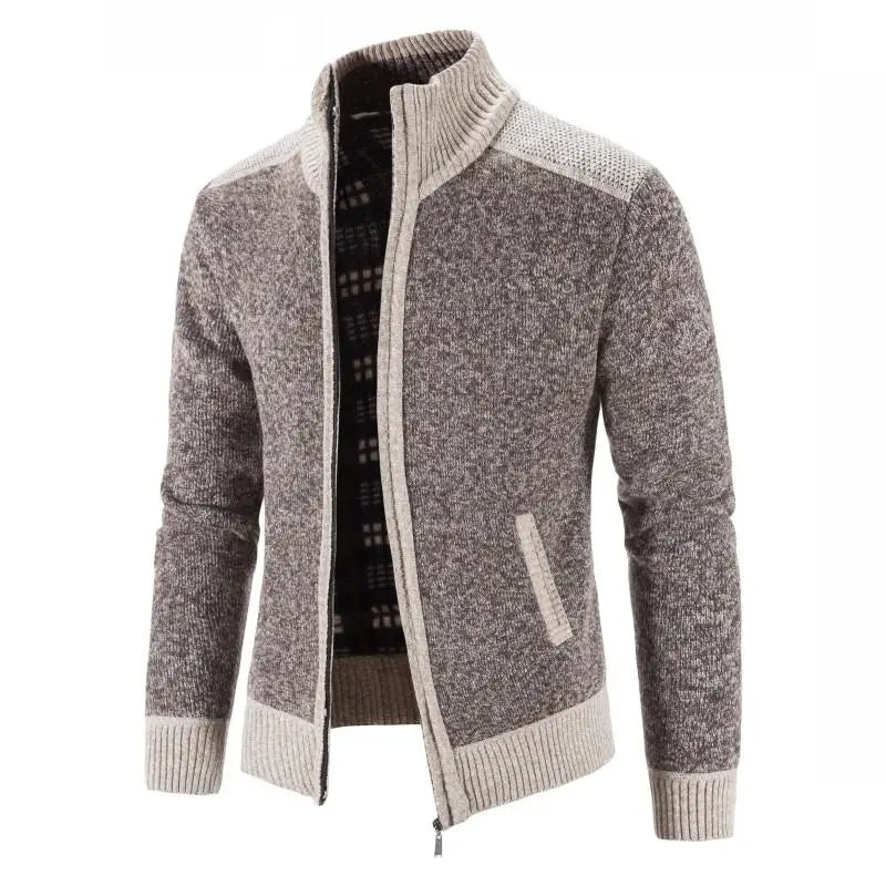 Men's Patchwork Knit Cardigan Jacket – Thick Warm Slim-Fit Sweater Coat with Stand Collar