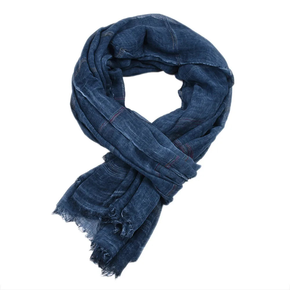 Men's Striped Long Scarf – Cotton-Linen Blend Shawl with Tassel Fringe