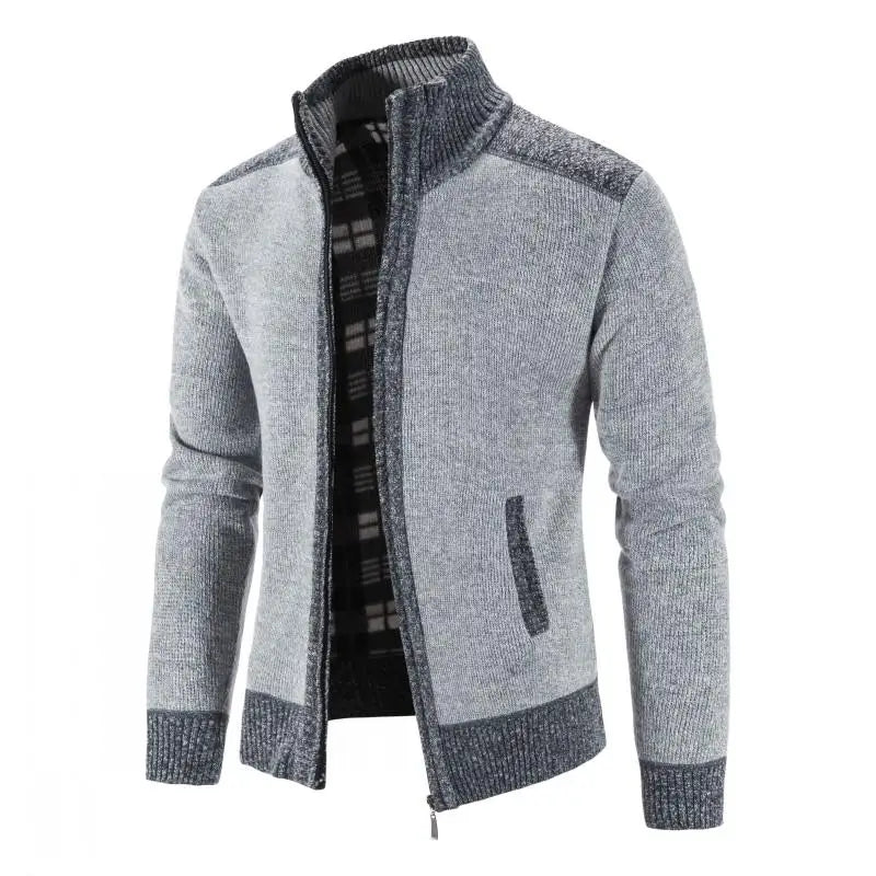 Men's Patchwork Knit Cardigan Jacket – Thick Warm Slim-Fit Sweater Coat with Stand Collar