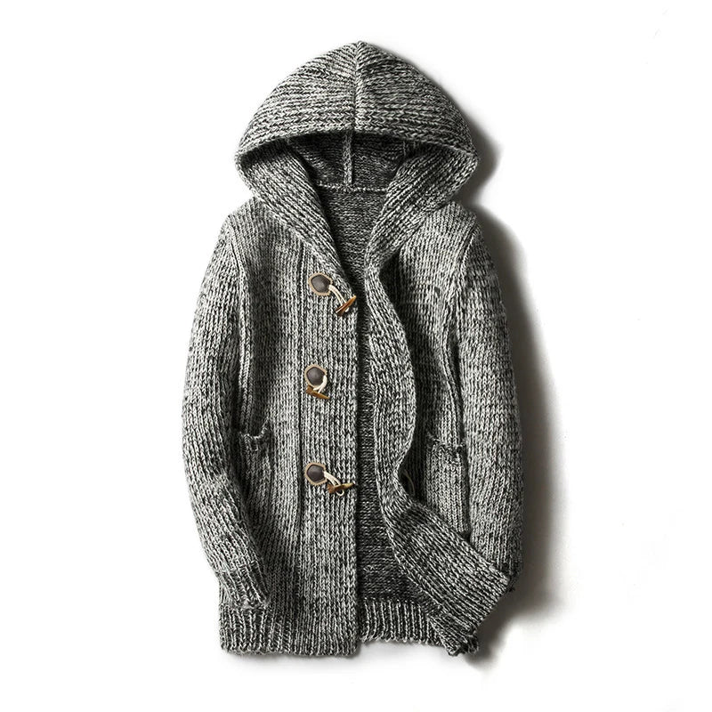 DIMUSI Men's Hooded Knit Cardigan – Long Slim-Fit Sweater Jacket for Winter