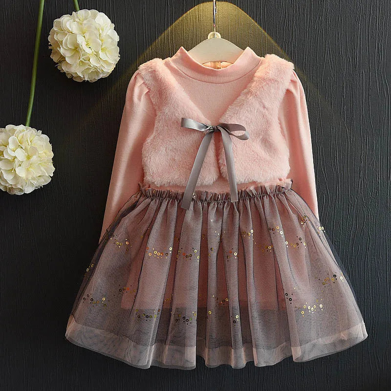 Bear Leader Girl Dress New  Princess Dresses Class Uniforms Kids Girls Bow T-shirt+Plaid Dress Children Costume Clothing 2pcs