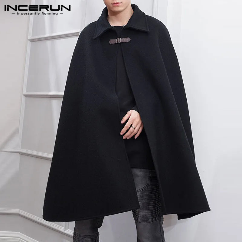 INCERUN Men's One-Button Cloak Coat – Solid Color Lapel Cape Overcoat, Modern Streetwear Style