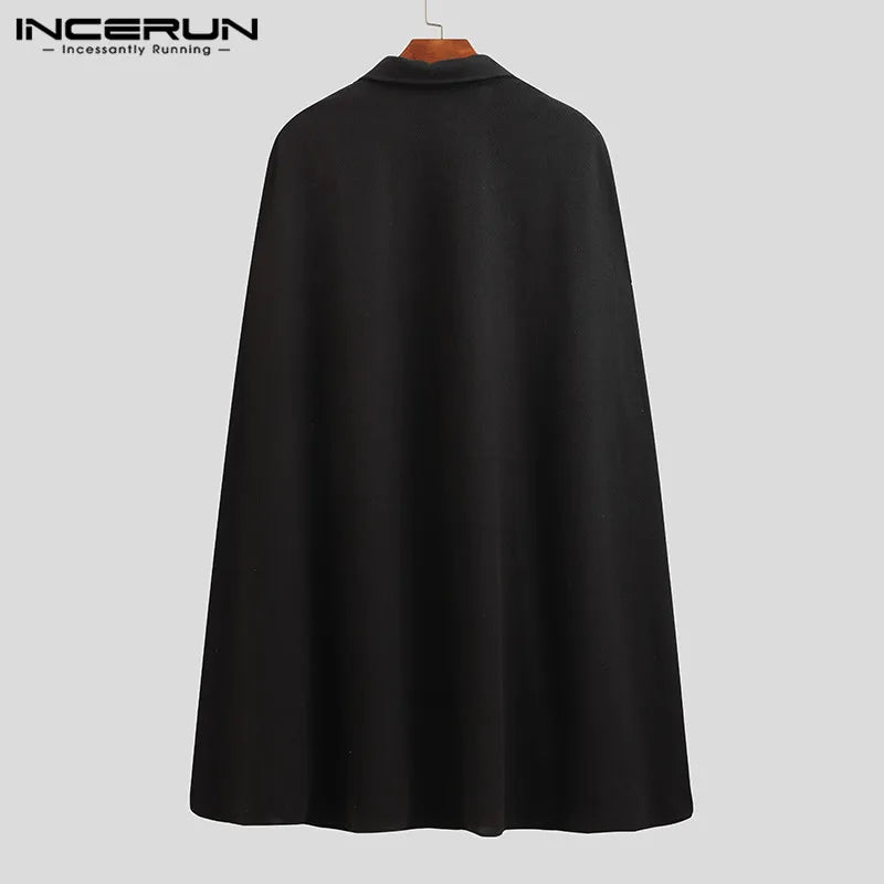 INCERUN Men's One-Button Cloak Coat – Solid Color Lapel Cape Overcoat, Modern Streetwear Style