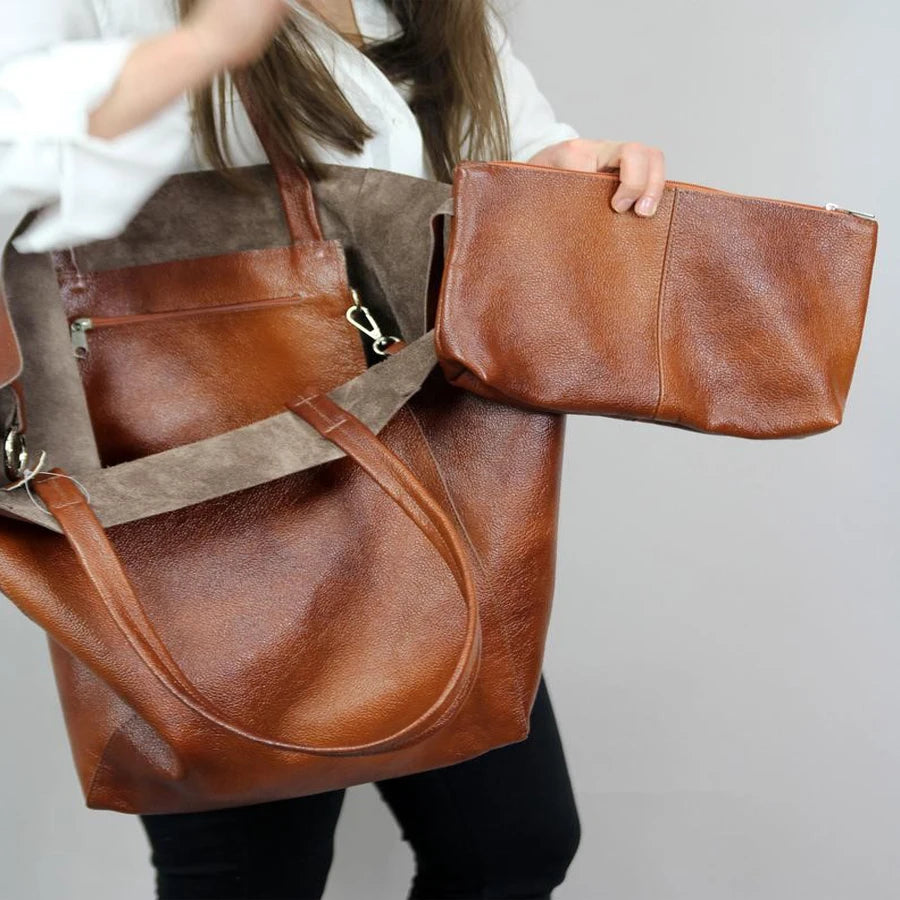 Women's Large PU Leather Tote Bag – Retro Luxury-Style Shoulder Shopper