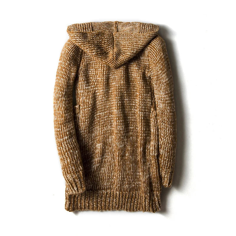 DIMUSI Men's Hooded Knit Cardigan – Long Slim-Fit Sweater Jacket for Winter