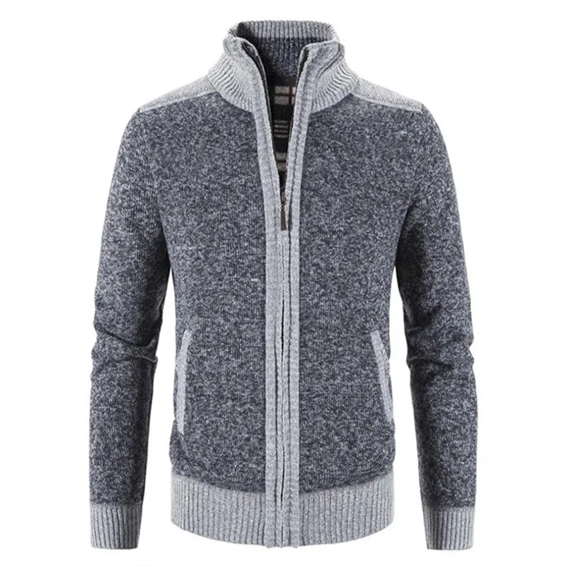 Men's Patchwork Knit Cardigan Jacket – Thick Warm Slim-Fit Sweater Coat with Stand Collar
