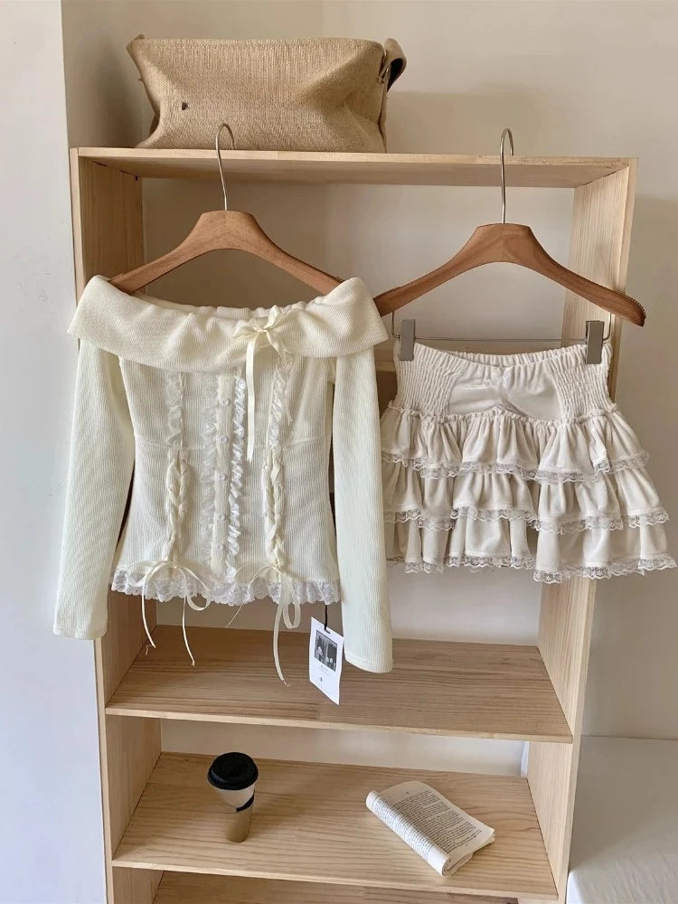 Autumn Winter Korean Fashion Sweet 2 Piece Set Women Off Shoulder Tops+ Fluffy Skirt New Pure Desire Chic Y2k Fairy Outfits 2025