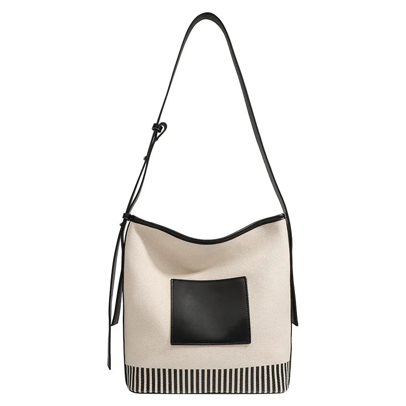 Women's Fashionable Summer 2025 New Large Capacity High-end Canva Spliced Lightweight Commuting Single Shoulder Bucket Bag