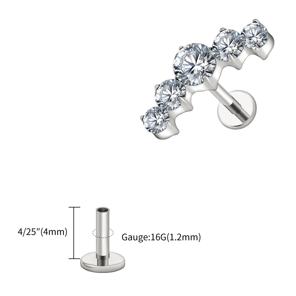 16G Titanium CZ Cluster Labret Stud – Curved Bar Flat Back Cartilage Earring