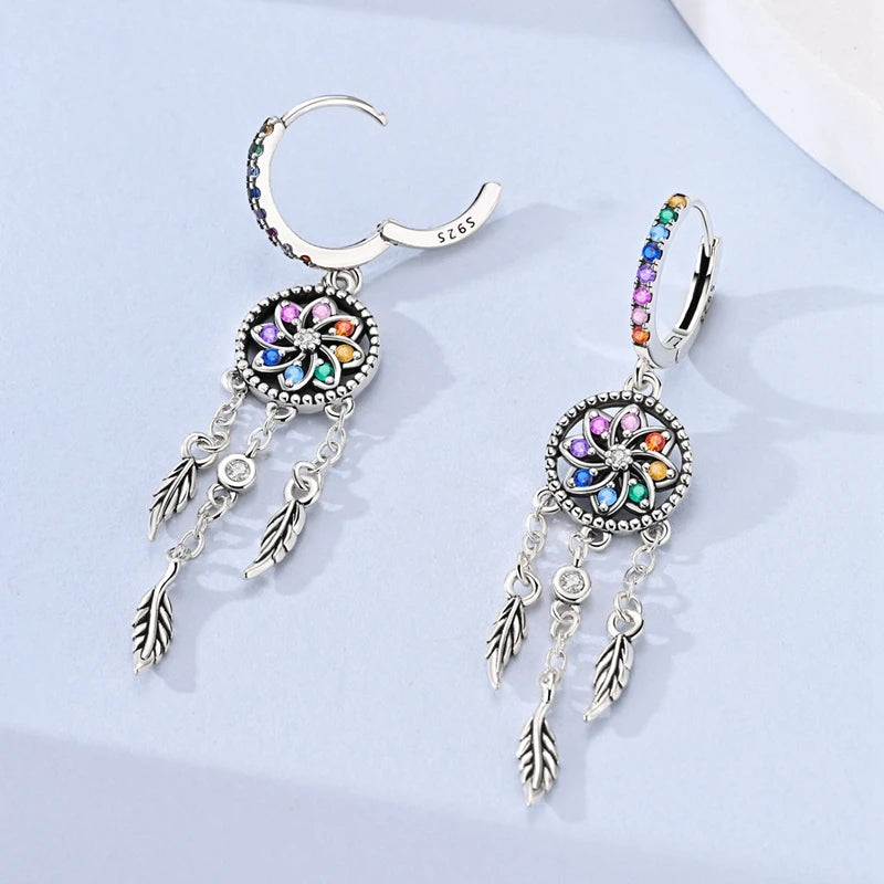 925 Sterling Silver Dreamcatcher Earrings – Colorful Tassel Drop Earrings for Women