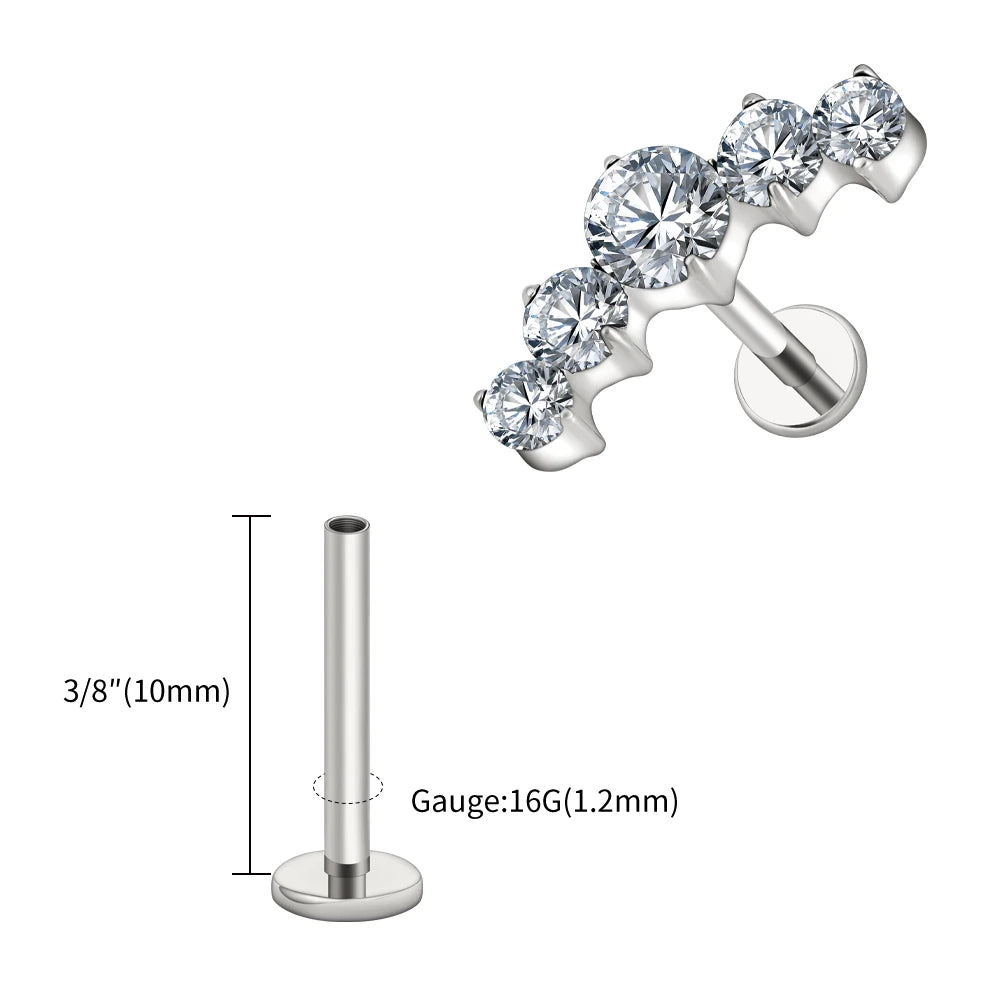 16G Titanium CZ Cluster Labret Stud – Curved Bar Flat Back Cartilage Earring