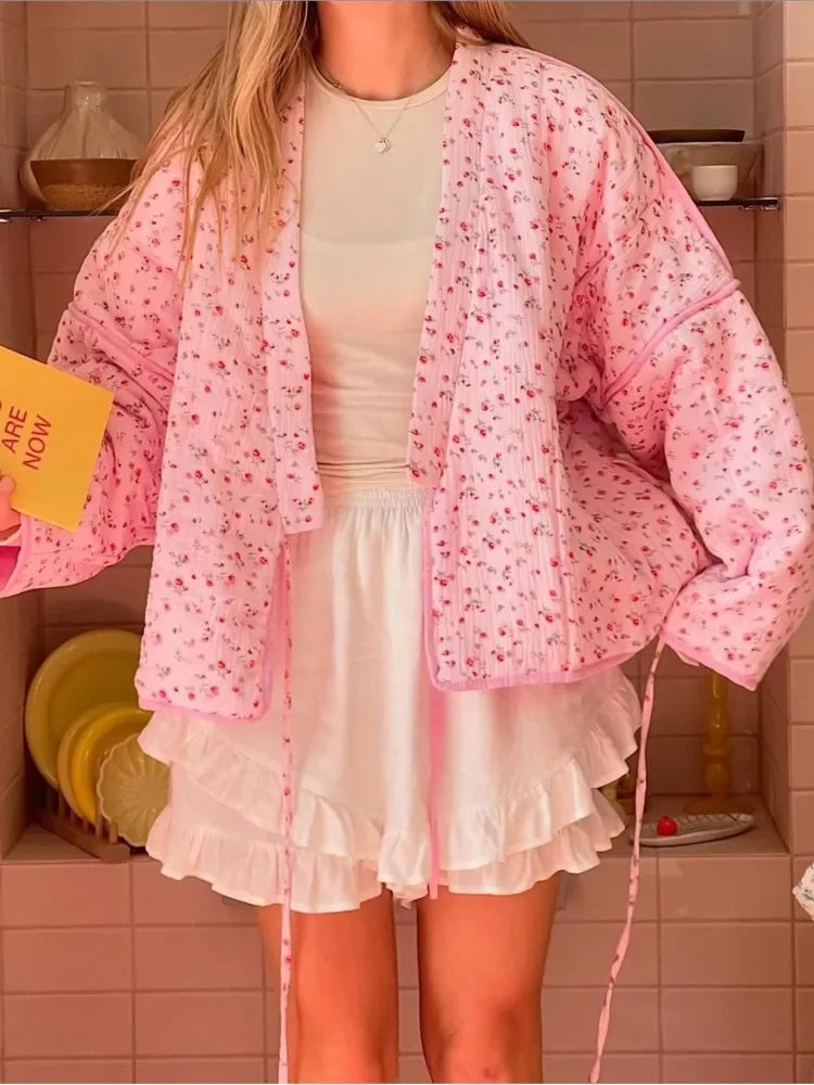 Women’s Floral Print Cardigan – Pink Lace-Up Casual Jacket