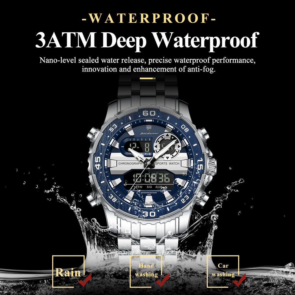 POEDAGAR Top Electronic Man Clock Week Date LED Luminous Fashion Quartz Men Watch Dual Time Digital Military Men's Watches Reloj
