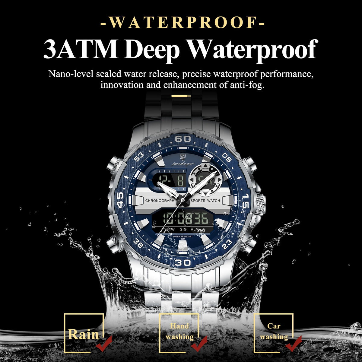 POEDAGAR Top Electronic Man Clock Week Date LED Luminous Fashion Quartz Men Watch Dual Time Digital Military Men's Watches Reloj