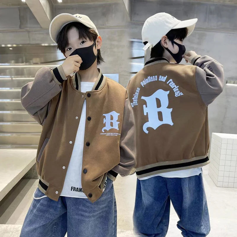 Autumn Spring Baseball Jackets Boys Girls Trends Letters Loose Casual Tops Kids Single Breasted Coats Teenager Fashion Clothing