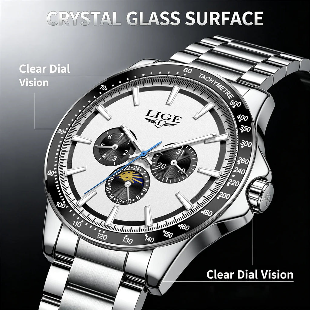 LIGE Men Luxury Business Watches Quartz Watch Luminous Calendar Moon phase Man Watch gifts for man reloj Montre pour hommes