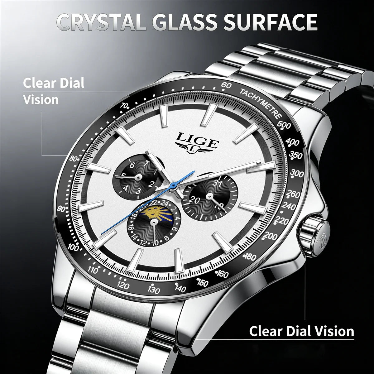 LIGE Men Luxury Business Watches Quartz Watch Luminous Calendar Moon phase Man Watch gifts for man reloj Montre pour hommes