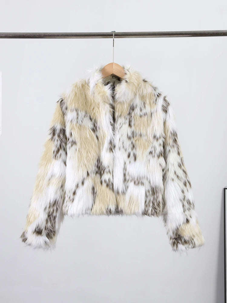 Winter Animal Print Fluffy Faux Fur Coats For Women Chic Thick Warmth Stand Collar Jacket Street Lady Long Sleeve Outerwear