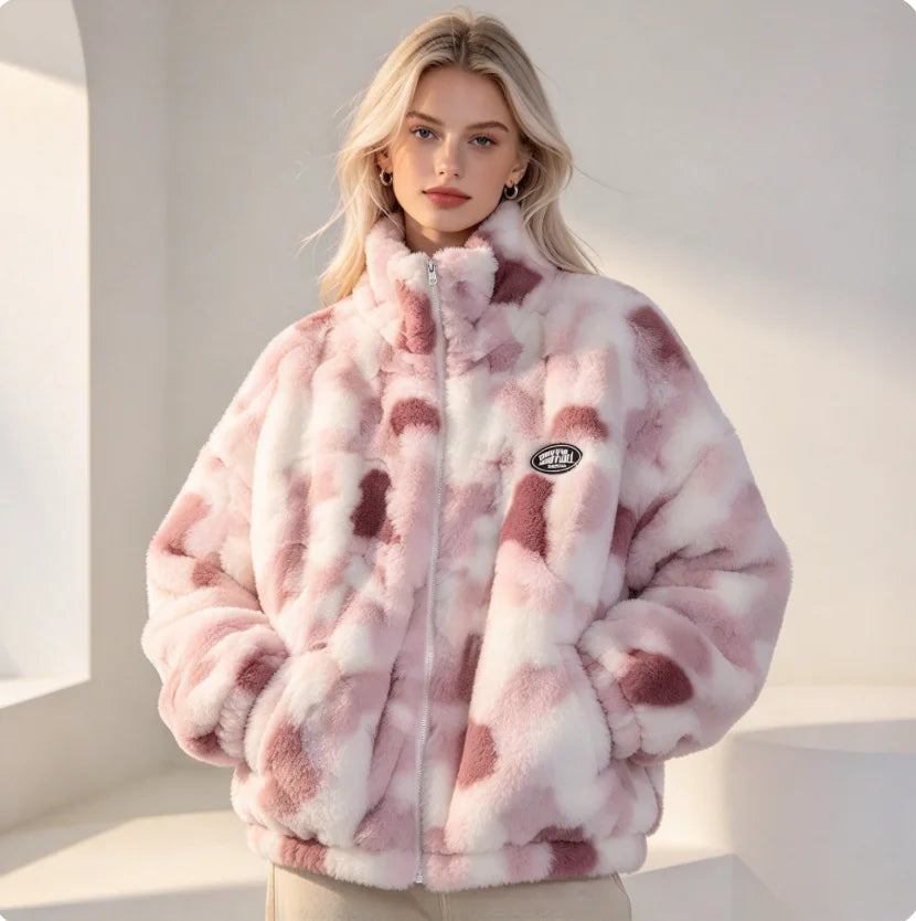 Women’s Tie-Dye Fleece Jacket – Plush Zip-Up Coat for Autumn & Winter