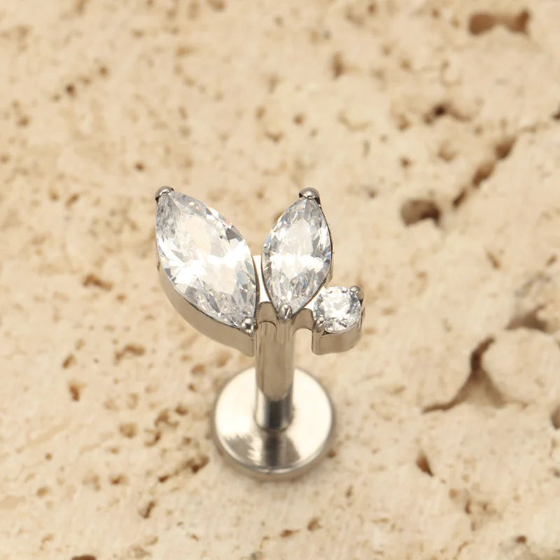 Titanium Triple Marquise CZ Labret Piercing – Internal Thread Lip, Tragus & Helix Jewelry