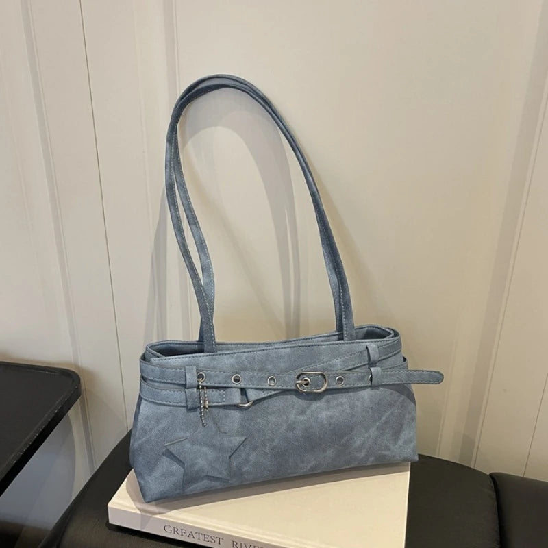 Fashion Suede Shoulder Bag for Women, Cute Five Pointed Star Pendant, Retro Y2K Tote Bag for Daily Commuter ,Simple Underarm Bag