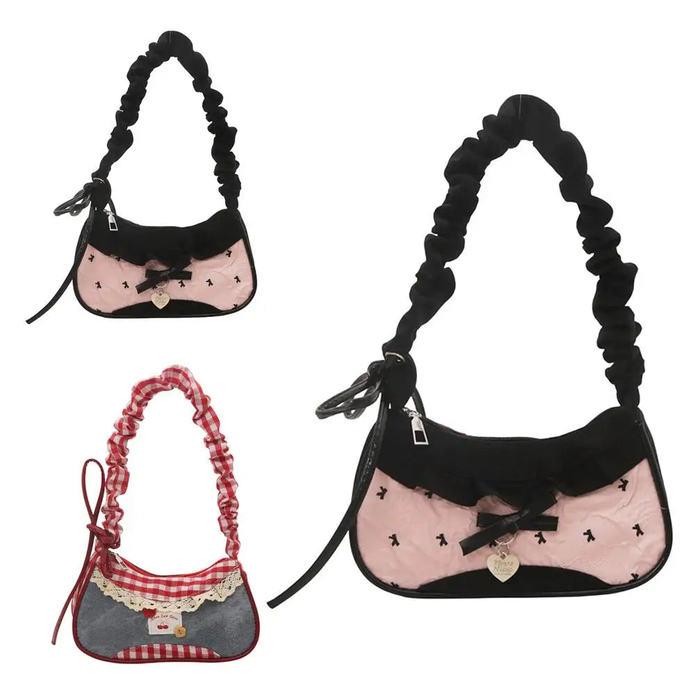 Women's Grid Shoulder Bag – Stretchable Strap Handbag with Lace Ribbon Detail