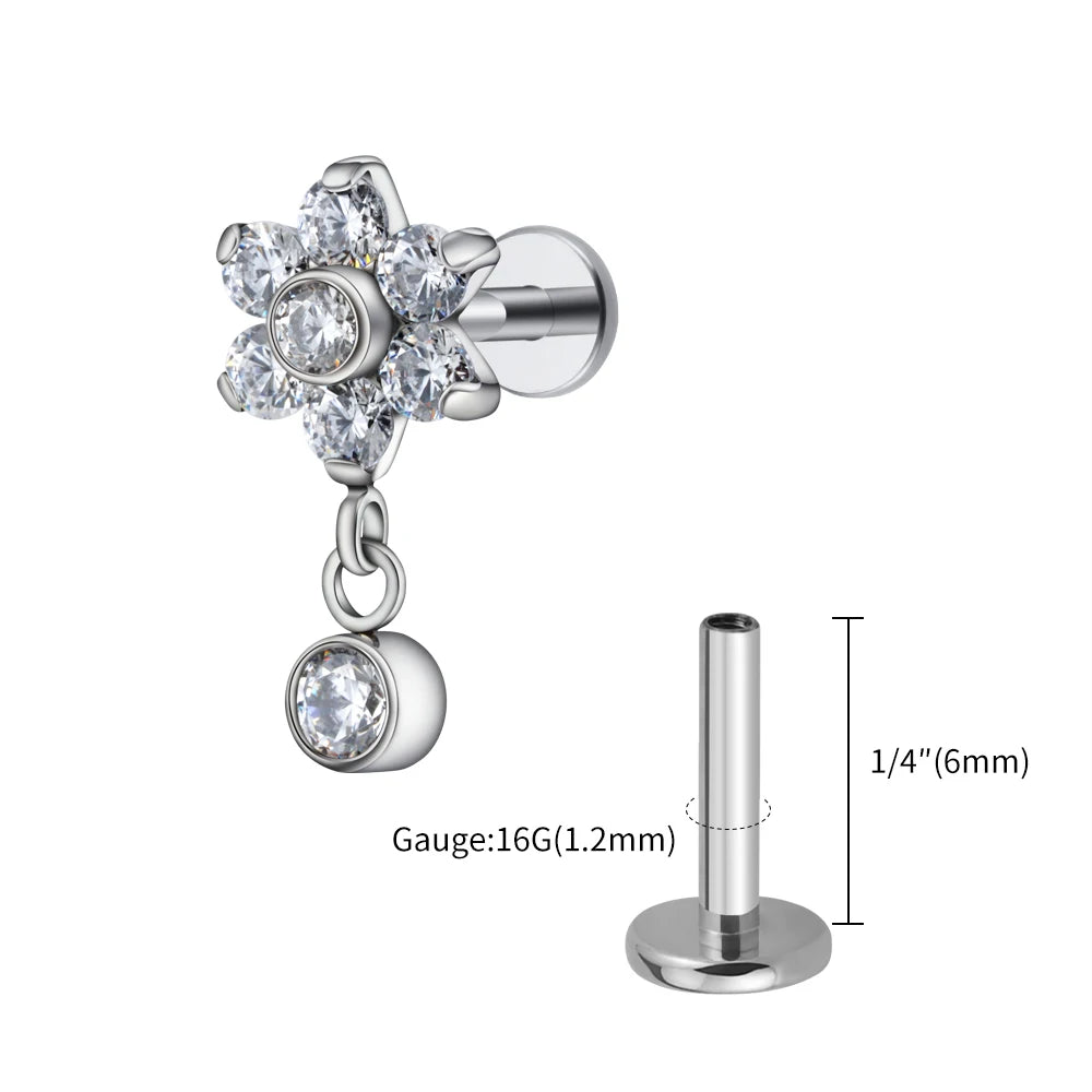 16G Titanium Flower CZ Drop Labret – Dangle Flat Back Piercing Earring