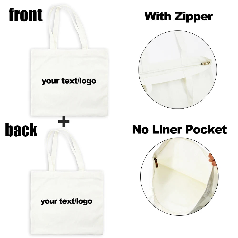 Fashion Custom Bags with Zippered Shopping Tote Bag for Women Eco Reusable Canvas Bags Black White Beige