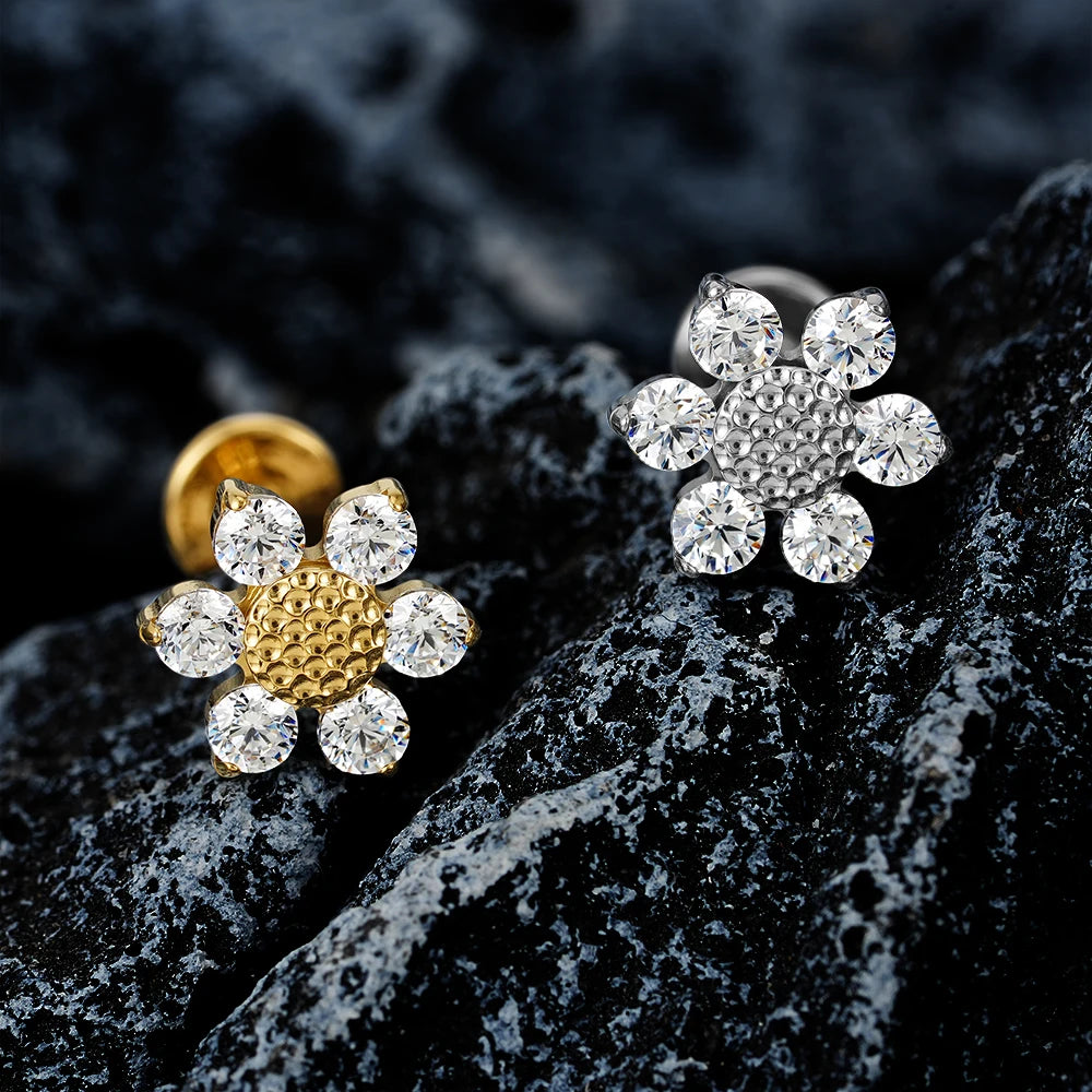 16G Titanium Sunflower Labret Stud – Mini CZ Flower Cartilage Piercing