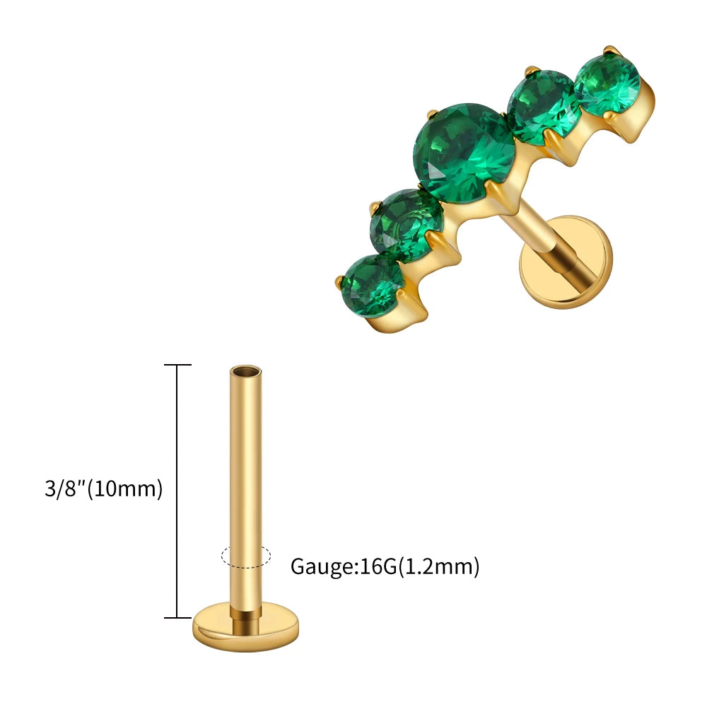 16G Titanium CZ Cluster Labret Stud – Curved Bar Flat Back Cartilage Earring