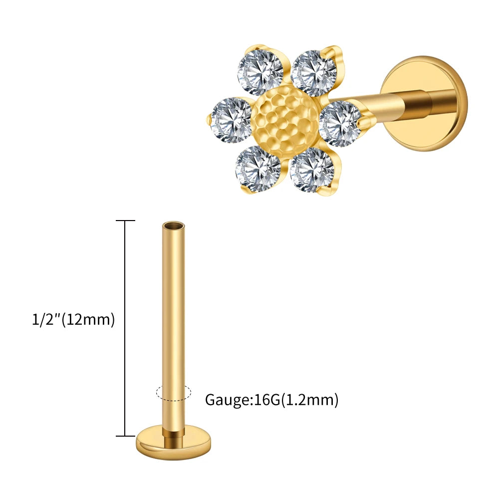 16G Titanium Sunflower Labret Stud – Mini CZ Flower Cartilage Piercing
