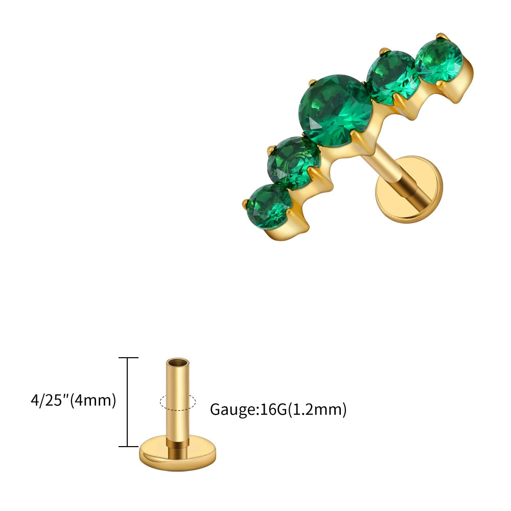 16G Titanium CZ Cluster Labret Stud – Curved Bar Flat Back Cartilage Earring
